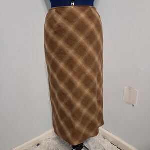 Vintage Tan Plaid Wool Blend Midi Skirt Size 6